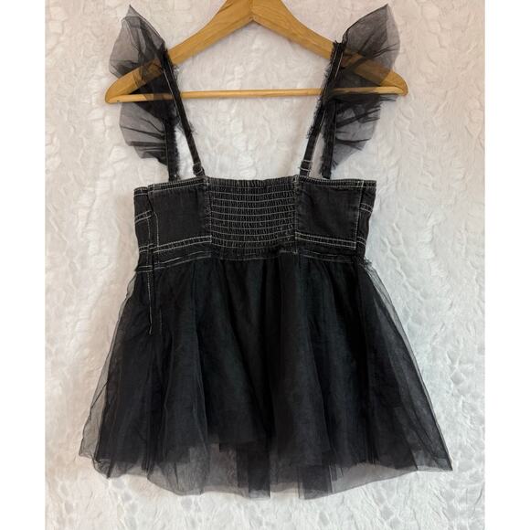 NWT Anthropologie Pilcro Sheer Tulle Babydoll Blouse Top Black Denim Corset XS - Picture 4 of 16